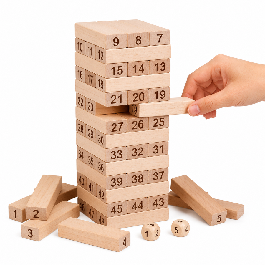 Wooden jenga blocks game with dice and numbers
