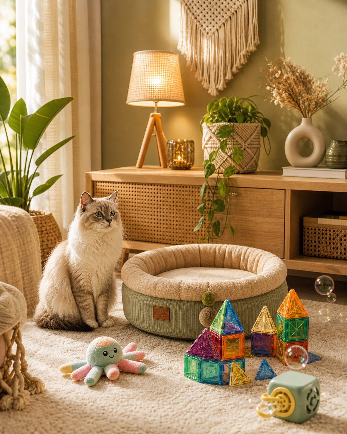 Toys, décor and cat essentials in a joyful home